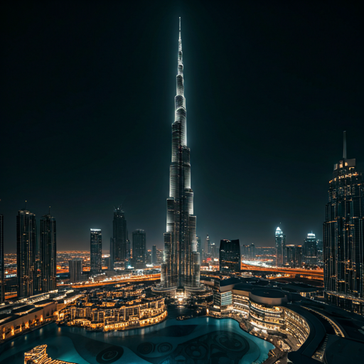 Dark aerial view of Dubai skyline at night